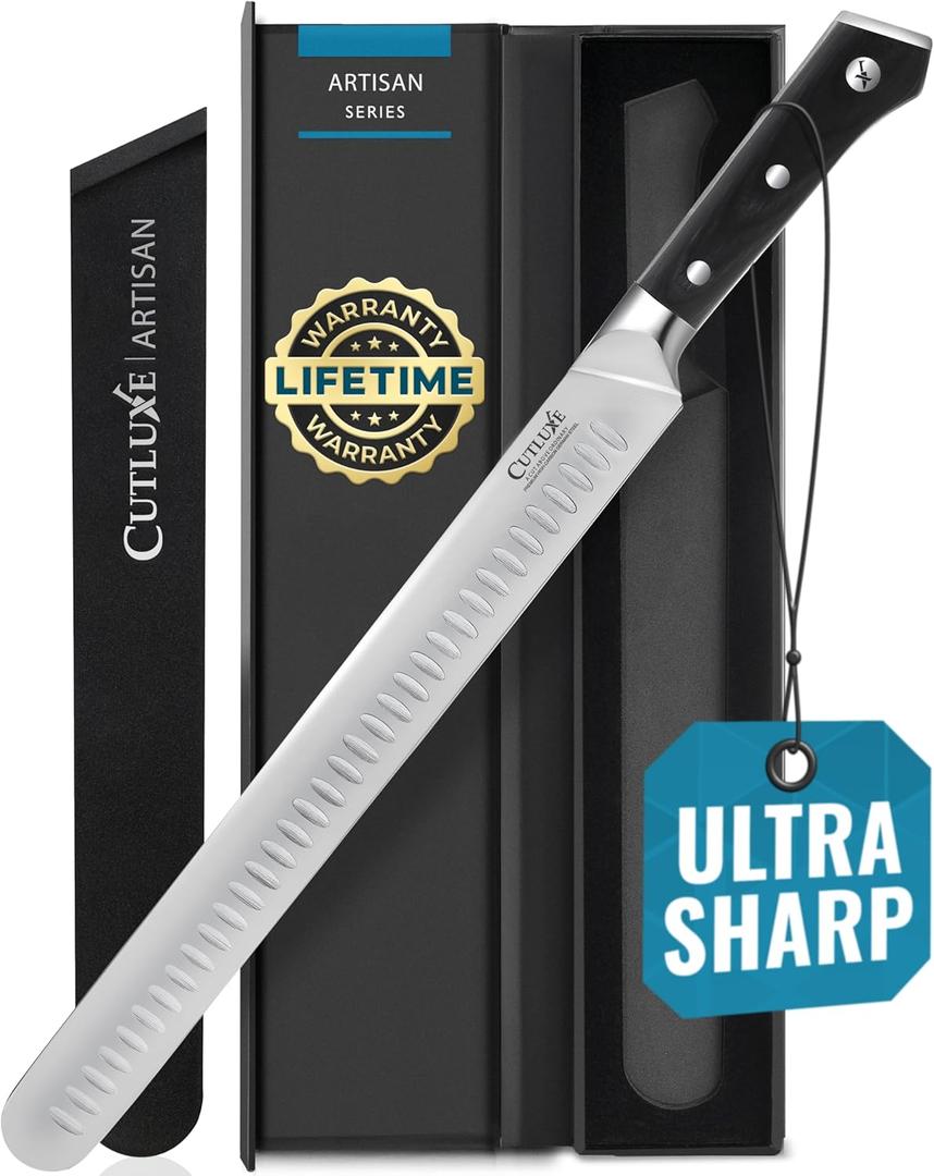 Cutluxe Slicing Carving Knife  12" Brisket Knife, Meat Cutting and BBQ Knife  Razor Sharp German Steel, Sheath Included, Full Tang, Ergonomic Handle Design  Artisan Series