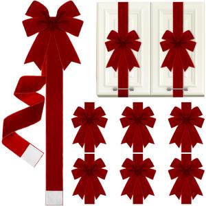 6 Pcs Christmas Velvet Cabinet Door Bows and Ribbons Large Red Black Christmas Door Cabinet Bows for Gifts Xmas Cabinets Furniture Kitchen Party Decorations (Burgundy) (Burgundy)