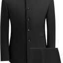 2 Piece Men's Chinese Suit Chinese Stand Collar Slim Fit Suits Front Button Blazer Pant Set (3X-Large, Black)