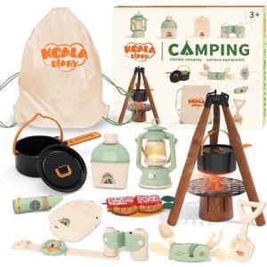 Kids Camping Toys Set - Pretend Play Camping Set with Food Toy, Spray Stove, Oil Lantern, Binoculars, Compass, Tableware, Watch & Storage Bag, Birthday for Ages 3+