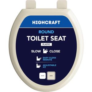 HIGHCRAFT Premium Round Toilet Seat with Slow-Close Design, Adjustable Hinges & Quick Removal Mechanism - Molded Plastic Toilet Seat - Fits Standard Round Toilets - Toilet Seat in Bone/Beige