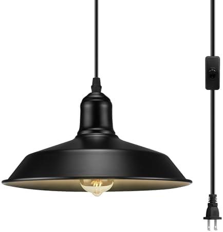 Plug in Pendant Light, Black Hanging Lights with Cord, On/Off Switch, Industrial Pendant Light with Plug in Cord, Metal Hanging Lamps for Kitchen, Dining Room