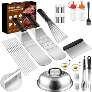 33PCS Griddle Accessories Kit for Blackstone, Flat Top Grill Accessories, Set with Spatulas, Skewers, Sauce Bottles, Egg Rings, Melting Dome, Scraper