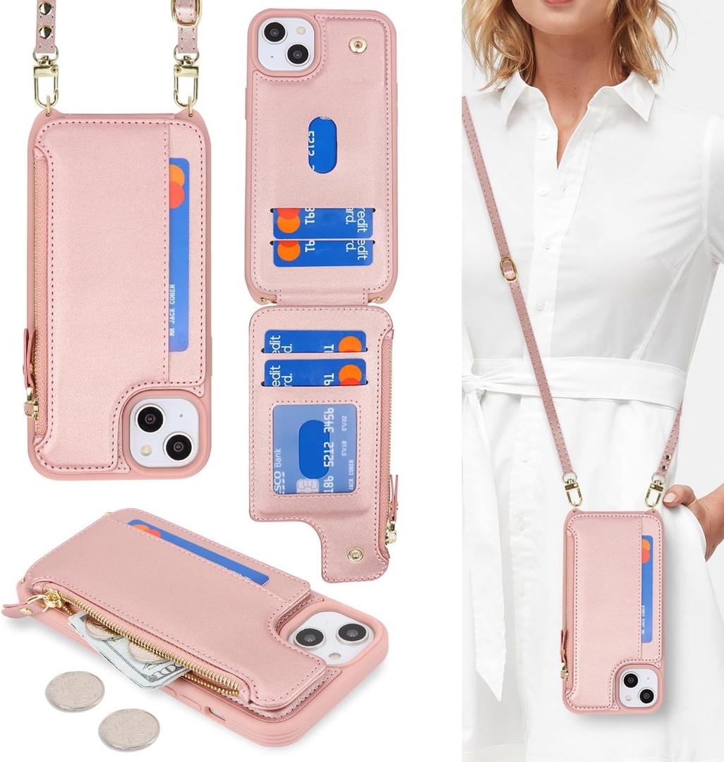 Cavor for iPhone 15 Plus Wallet Case with Card Holder for Women, for iPhone 15 Plus Case with Strap,Crossbody Lanyard and Wristlet Zipper Pocket Phone Cover-Rose Gold