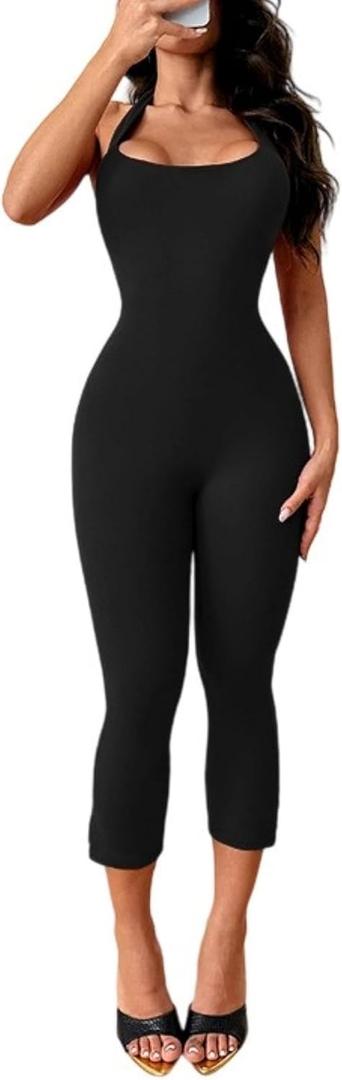 ECHOINE Backless Halter Neck Jumpsuit For Women Bodycon Cropped Capri Romper Black L