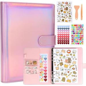 Reusable Sticker Book Collecting Album,A5 PU Sticker Collecting Book with Heart Label & Letter Label,Holographic Cover (Pink)