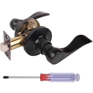 Matte Black Passage Door Handles, Wave Style Door Levers with Screwdriver, Keyless Interior Passage Door Handle for Hallway Closet, Reversible Door Handle Locks, Pack of 1