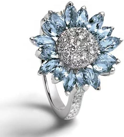 Sunflower Rings for Women, 925 Sterling Silver Sunflower Ring Light Blue Zircon Sunflower Diamond Ring Crystal Sunflower Ring Sunshine Sunflower Statement Ring with Cubic Zirconial Band Size 10