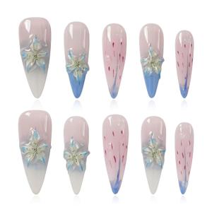 3 x 3D Floral Press On Nails Long Stiletto Fake Nails Elegant Handmade Ombre Nail Art with Lilies Flowers Designs, Multi-Layer Gel Reusable Acrylic Nails for Women (3D Lily Ombre, M)