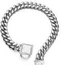 Dog Chain Collar Silver Cuban Link Dog Necklace with Cubic Zirconia Design Buckle Collar with Dog tag, Bell,10/14/18MM Wide Stainless Steel Walking Training Collar for Dogs (18mm,14'')