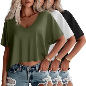 Huukeay 3 Pack Oversized T Shirts for Women Short Sleeve Crop Tops V Neck Irregular Hem Baggy Cropped Tees (X-Large, Army Green, White, Black)