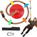 TURFEE Tree Swing for Kids, Single Disk 6 Ft Outdoor Climbing Rope, Carabiner & 4 Ft Tree Strap, Playground Accessories - Multi-Colored Disc Swing Seat-Red