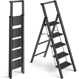 WOA WOA 5 Step Ladder with Anti-Slip Aluminum Pedal, Folding Ladder for Home with Handrails, Lightweight and Sturdy, Reach 9 ft for Kitchen Closet Office, Holds 330lbs - Black