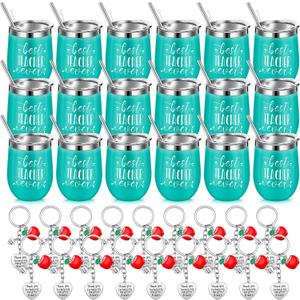 36 Pcs Teacher Appreciation Gift Sets 12 oz Teacher Tumbler for Women Men Thank You Birthday Graduation Christmas Gifts 18 Best Ever Cup and 18 Keychain(Mint)