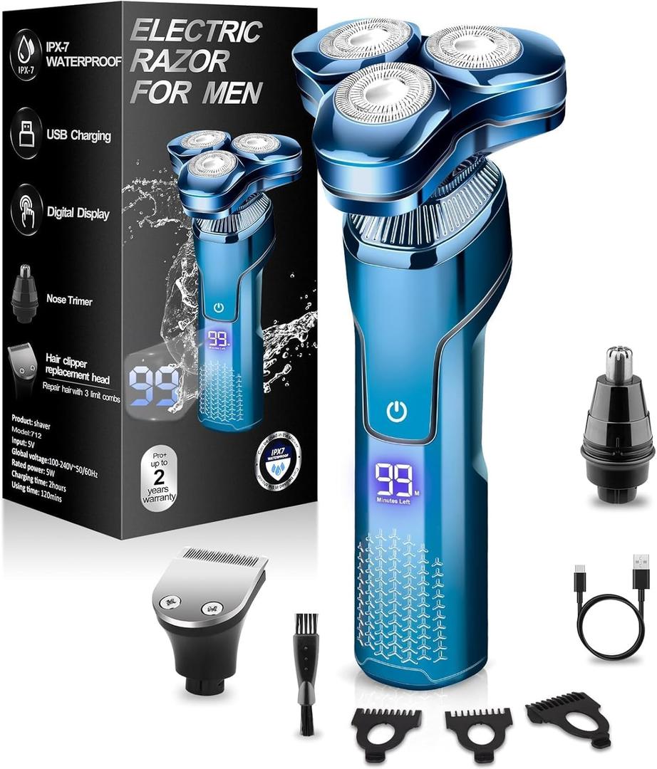 Men's Electric Razor, Upgraded 4D Floating Magnetic Blade Head Rotary Shaver, 3-in-1 Multifunctional for Beard/Nose/Sideburns, IPX7 Waterproof Rechargeable Cordless Shaver, Turbo Speed, Gift for Men