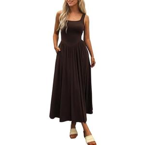Mieazom Women's Summer Maxi Dress 2025 - Sleeveless Square Neck Casual Beach Sundress with Pockets, Flowy Patchwork Knit, S