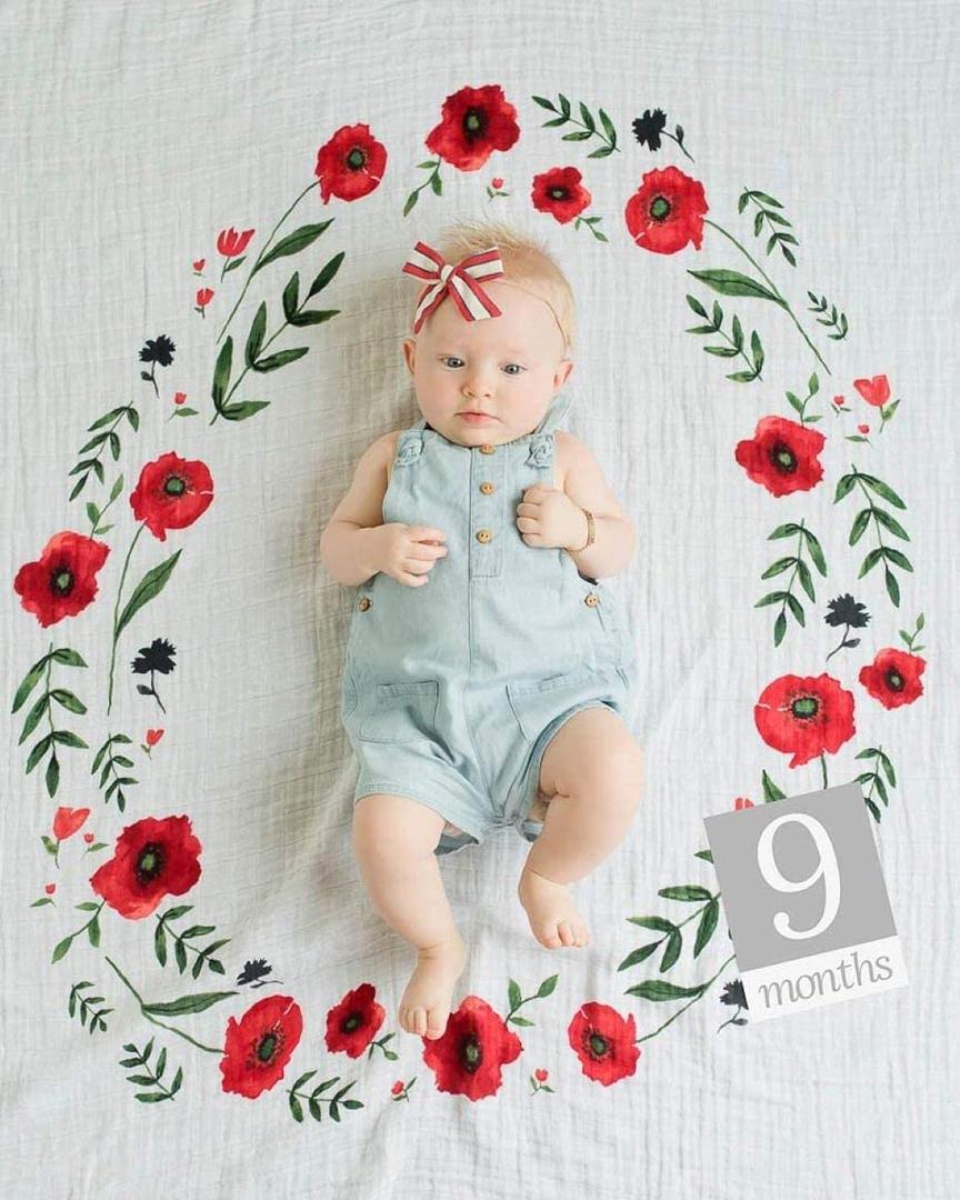 Little Unicorn Keepsake Monthly Milestone Photo Blanket  47 x 46  Milestone Cards Included - 100% Cotton Muslin  Machine Washable  Playful Designs - for Boys & Girls (Summer Poppy)