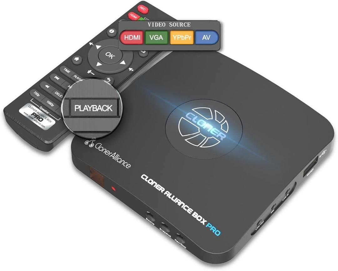 ClonerAlliance Box Pro, 1080p@60fps Video Recorder, DVR with HDMI Capture, Playback on TV. RCA/YPbPr/VGA to Digital Converter. Schedule Recording. No PC Required.