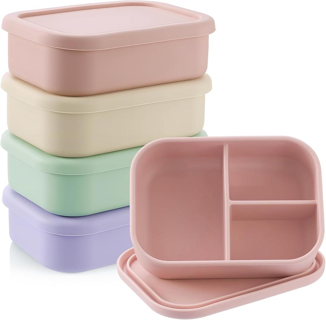 Layhit 4 Pcs Silicone Bento Box Reusable Silicone Bento Lunch Container for Adults Microwave Dishwasher Freezer Safe (3 Compartments,Desaturated Colors)