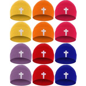 Coume 12 Pcs Kids Beanie Hats Multicolor Cross Winter Beanie Hats Christian Cuffed Skull Cap Warm Beanies for Kids Boys Girls