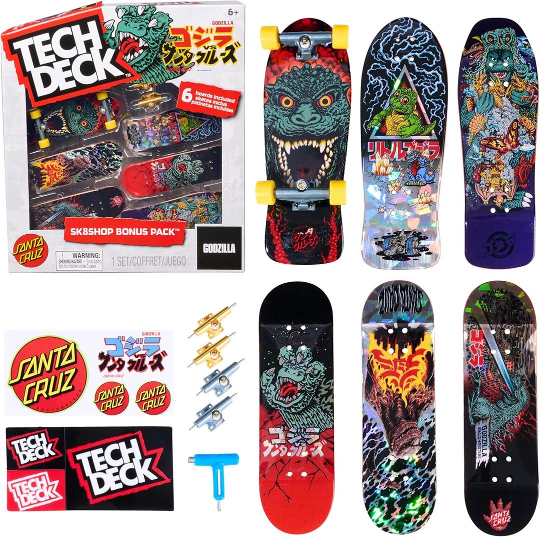 TECH DECK, Godzilla Sk8shop Fingerboard Bonus Pack, Collectible and Customizable Mini Skateboards, Kids Toys for Ages 6 and up (Multicolor)