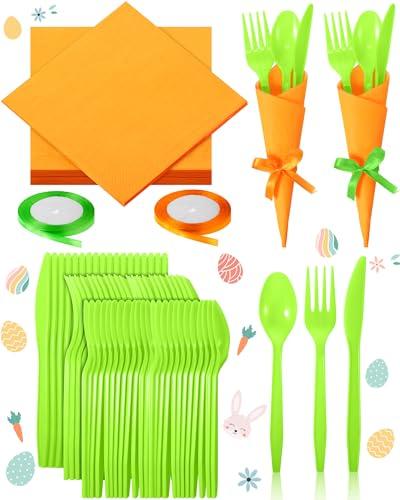 Domensi Hawaiian Luau Napkin Cutlery Set Theme Birthday Party Tableware Include Disposable Spoons Forks Knives Paper Napkins Satin Ribbons(Orange and Green)