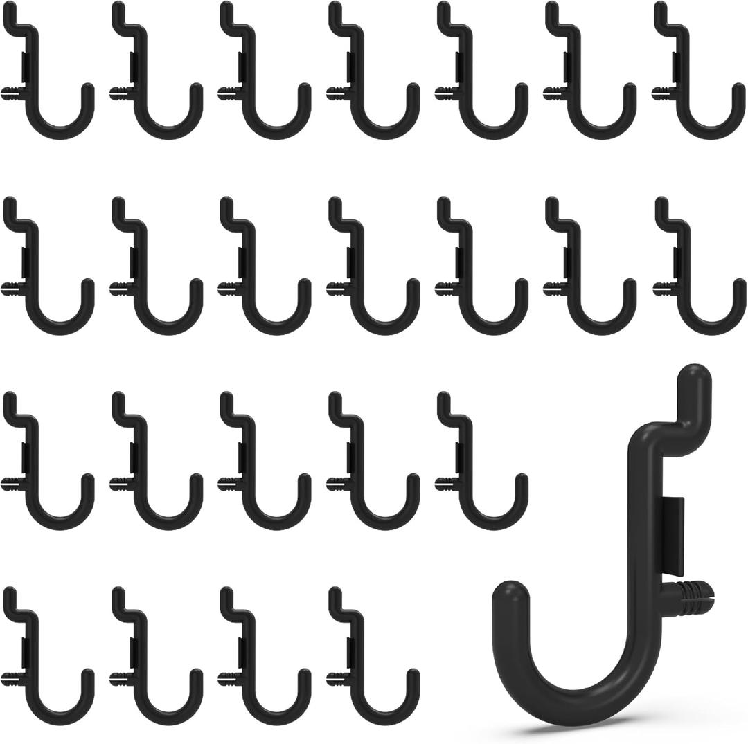 HUHOLE Pegboard Plastic Hooks 100pc - Black Peg Board Hooks for Hanging Jewelry, Tools, Hardware, Peg J Hook Only Fits 1/4" Pegboard - Durable Pegboard Hooks for Organized Display