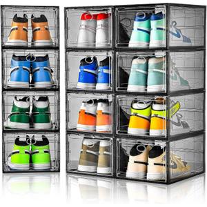 Amllas 12 Pack Shoe Boxes Stackable,Upgraded Sturdy Shoe Storage Boxes with Clear Magnetic Door,Multifunctional Sneaker Storage, Shoe Box Organizer Fit up to US Size 12 Gray(13.8x 9.84x 7.1)