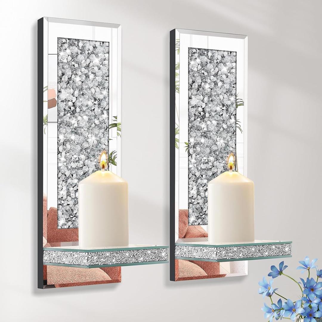 2 x Crystal Crush Diamond Candle Holder Set of 2, Gorgeous Retangle Silver Mirrored Wall Candle Sconces, Wall Decorations for Living Room, Dining Room, Bedroom
