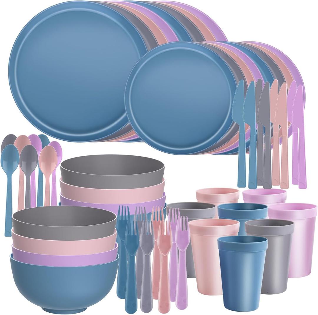 56 Piece Plates and Bowls Sets for 8, Kitchen Dinnerware Sets, Plastic