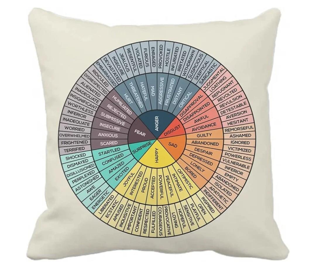 Wheel of Emotions Feelings Velvet Throw Pillow Covers Cozy Square Pillowcases Home Decor for Bed Couch Sofa Therapy Office Living Room Cushion Covers Counselor Physical Therapist Gifts 18"x18"