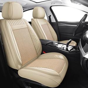 Chezope Car Seat Covers Full Set, Beige Leather Seat Covers, Breathable Front and Back Car Seat Protectors, Wear-Resistant Seat Covers Universal Fit for Most Cars SUV Truck (Beige-Stripes-B, Full Set)