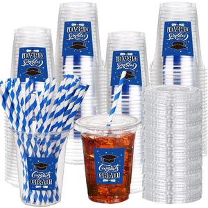 Sliner 50 Set 2026 Graduation Plastic Cup Disposable with Lid and Paper Straw 16 oz Clear Drinking Cup for College High School Grad Party Supplies Decoration Festivities(Blue)