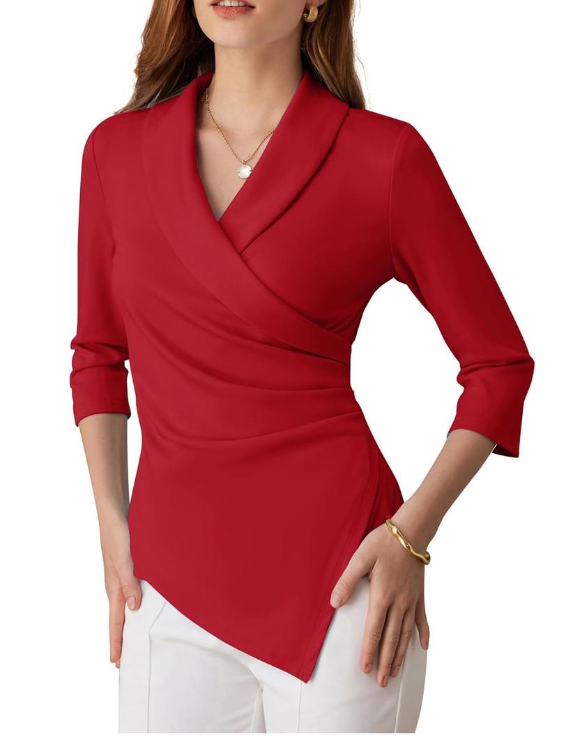 GRACE KARIN Women's V Neck Casual Work Tops 3/4 Sleeve Office Dressy Blouse Asymmetrical Elegant Shirts, L