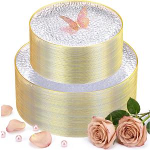 Hioasis 60pcs Clear Plastic Plates - Gold Rimmed Disposable, Hammered, Heavy-duty Dinnerware Set Suitable for 30 Guests, 10.25" Dinner & 7.5" Dessert Plates for Party & Wedding & Mothers Day