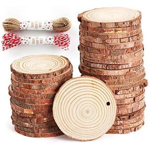 50Pcs Wood Slices 2.4"-2.8" Unfinished Wood Rounds with Pre-drilled Hole and 66Feet Twine String, Natural Wood for Crafts for Home Decor Painting DIY Christmas Ornaments Party Wedding Decor