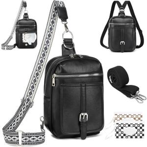 Sling Bag Crossbody Backpack - 2 in 1 Leather Cross Body Bag Fanny Pack with 2 Removable Straps (Big Black)