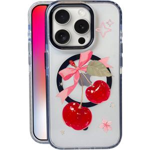 Big Cherry Bow for iPhone 15 Pro Case, MagSafe Compatible, Matte Soft Slim Shockproof Cover, Anti-Fingerprint, Anti-Yellowing, Anti-Scratch Back, Magnetic Phone Case for Women, Girl, Cute, Girly, Clear