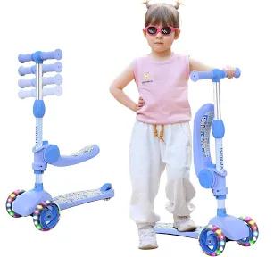 TONBUX Kids Scooter with Seat, 3 Wheels Scooter with PU Luminous Wheels, Non-Slip Handle and Wide Deck, Sensitive Brakes, 4-Level Adjustable Height, Scooters for Kids 2–8 Years