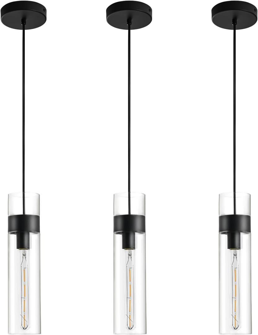 3 Pack Black Pendant Lights Kitchen Island (Bulbs Included), Adjustable Modern Glass Pendant Light Over Island, Industrial Pendant Light Fixtures for Dining Room Hallway Bedroom Living Room (3 Pack)