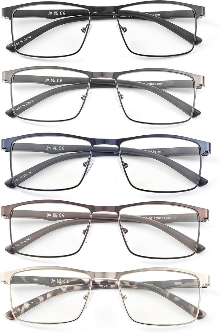 JM 5 Pack Rectangular Reading Glasses Men, Blue Light Blocking Computer Readers, Metal Thin Frame Spring Hinge Eyeglasses