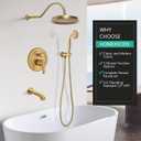 Brushed-Gold Antique Shower-system with Tub Spout: 9 inch Rain Faucets Set in Wall, Rainfall Head and Handheld Spray, 3 Way Diverter Brass Valve with Trim Kit