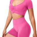 TAYOEA Crop Tops Workout for Women Yoga Short Sleeve Shirts Seamless V-Neck Gym T Shirts with Built in Pads (X-Small, Rose)