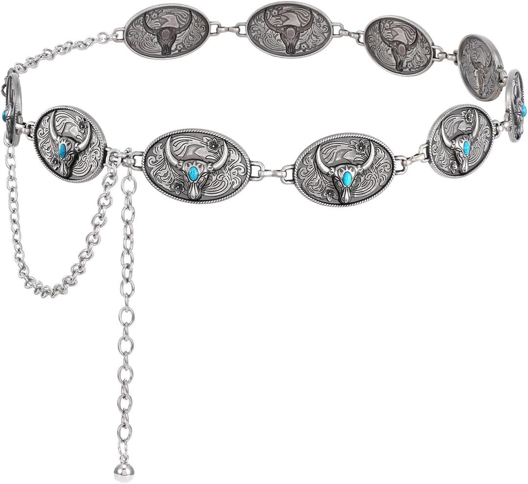 XZQTIVE Women Boho Chain Belts For Dresses Jeans Western Cowgirl Waist Links Belt Adjustable Metal Concho Belt (Fit Waist upto 56inches)