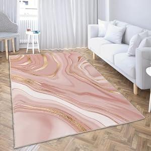 Ansouyi Non-Slip 5x7 ft Area Rugs, Washable Rug Carpet for Living Room, Pink with Gold Abstract Liquid Marble Home Decor Rugs for Game Room Classroom Bedroom Dining Kindergarten Room