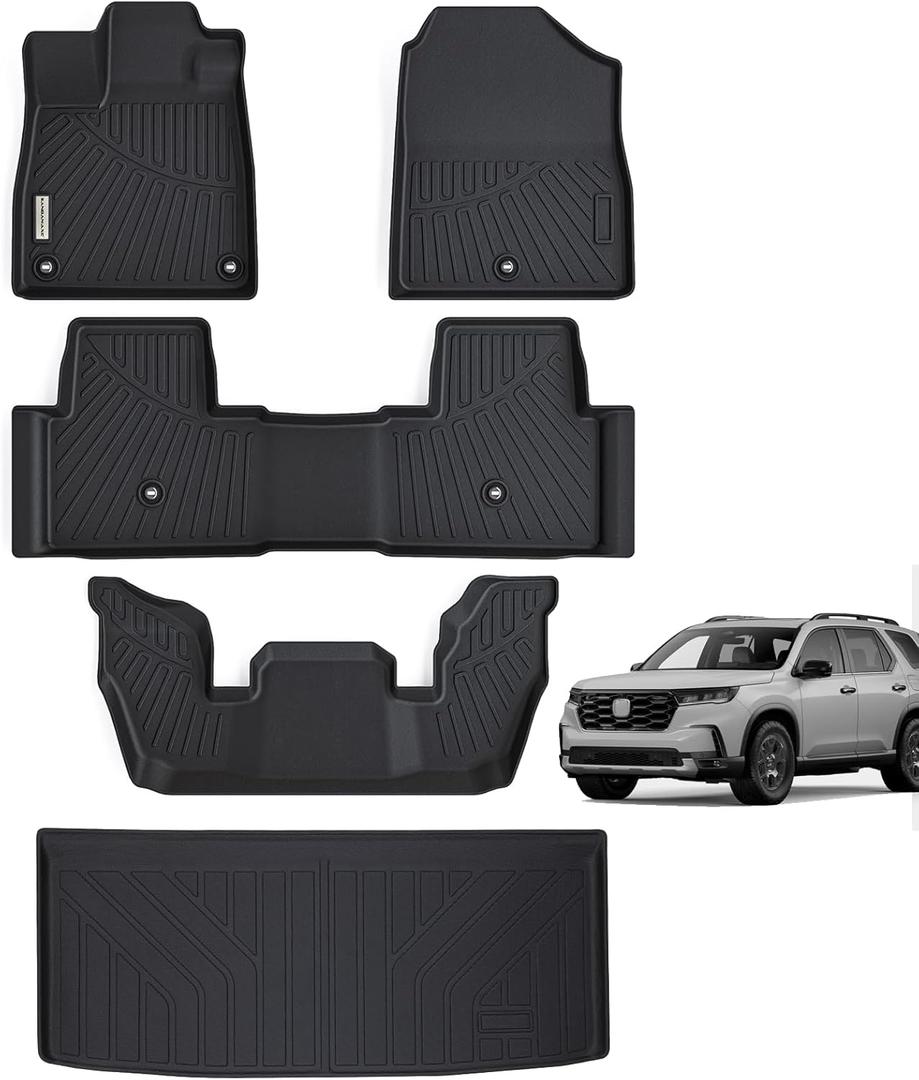 Floor Mats & Trunk Mat for 2023 2024 2025 Honda Pilot Sport/Touring/Elite/TrailSport/EX-LTPE All Weather Protection Car Floor Liners with Cargo Liners- Black