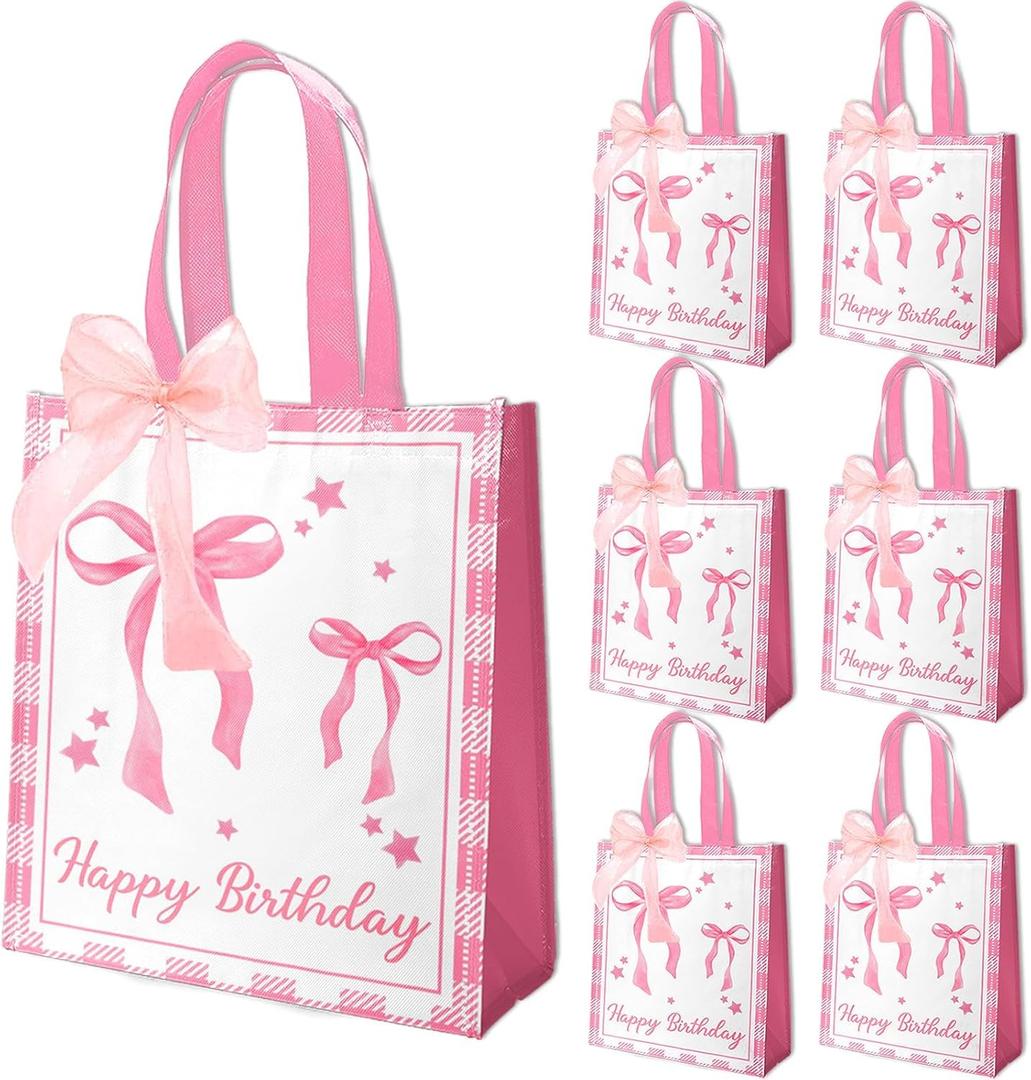VDESFUEBY 16Pcs Pink Bow Party Favor Bags Non-woven Goodie Gift Bags with Handle Ribbon for Pink Bow Birthday Party Supplies Coquette Birthday Decorations