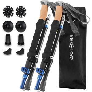 TREKOLOGY Trek-Z Cork Grip Trekking Poles  Lightweight Folding Hiking Poles, Adjustable Height, Compact Travel Design, Aircraft-Grade Aluminum Walking Sticks for Men & Women (Black with Blue)