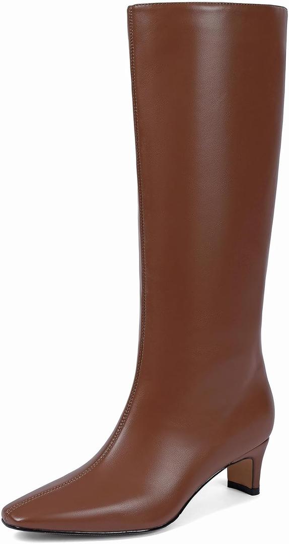 Tscoyuki Knee High Boots for Women Kitten Low Heel Square Toe Tall Boots Side Zipper Vegan Leather Heeled Long Fall Boots for Office Dating Party Work Trendy (Brown)