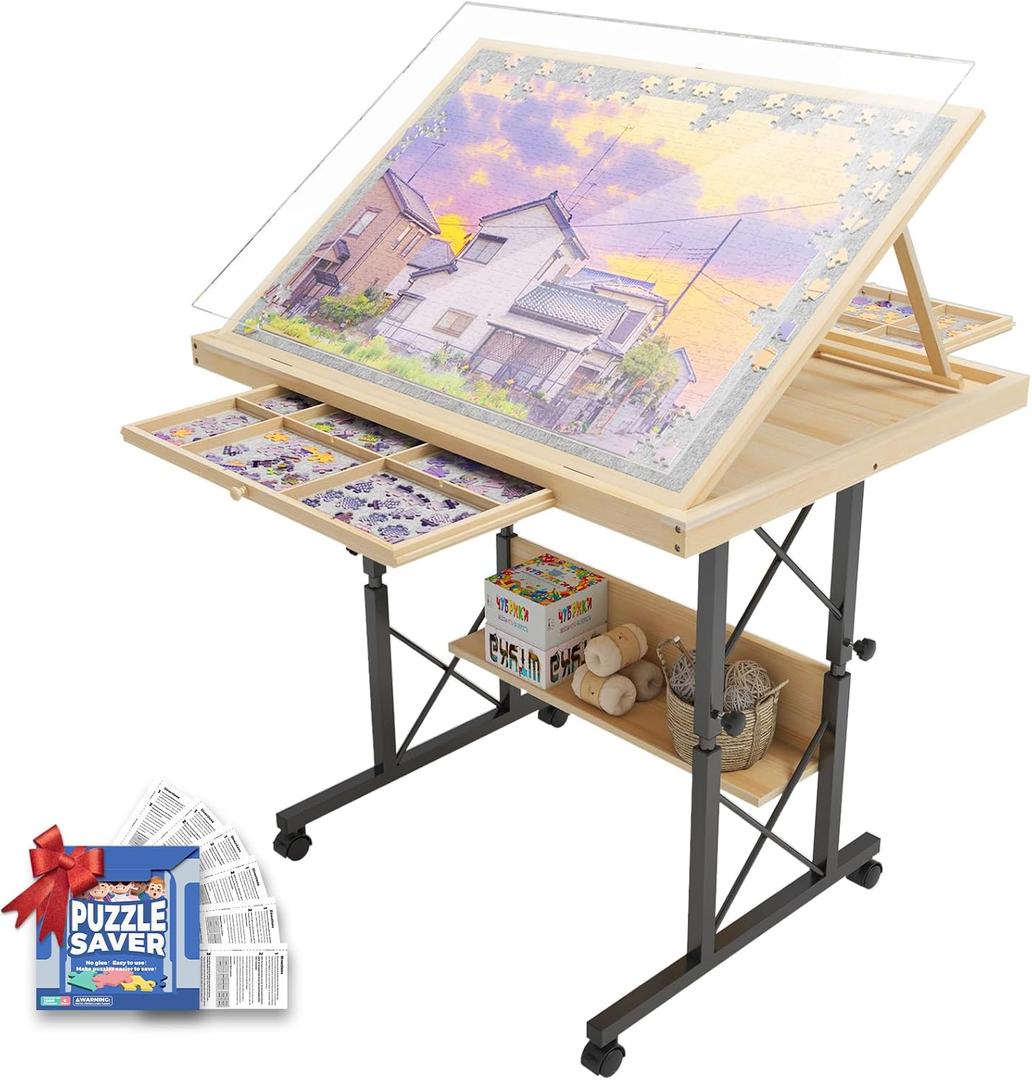 1500 Piece Jigsaw Puzzle Table with Legs for Adults, 5-Tilting-Angle & Height Adjustable Table with Draws, Wooden Puzzle Board with Extended Support Bar & 4 Wheels (small 1500 pcs)